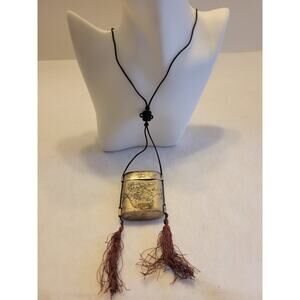 Necklace Silver Tone Phoenix Bird Metal Pendant tin container w/ lid Tassel